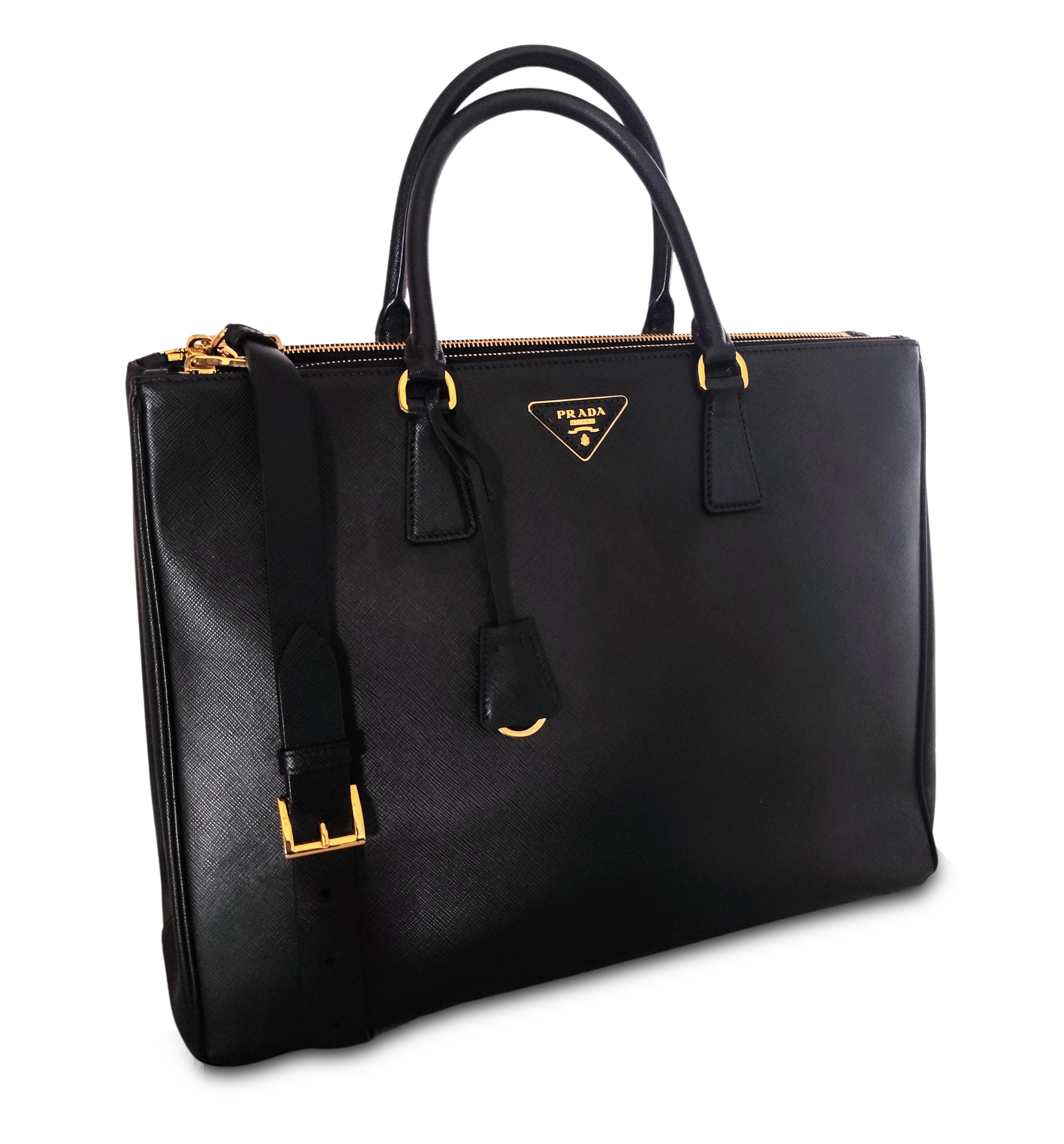 Borsa Prada Galleria XL in pelle nera con dettagli dorati, vista frontale tre quarti con doppio manico rigido